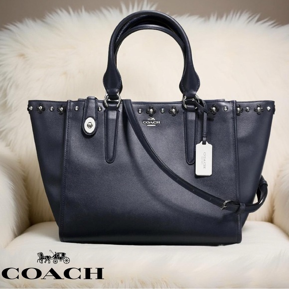 🤍 COACH Navy Blue Leather Crosby Carryall Floral Rivets Tote Crossbody Bag EUC - Picture 1 of 16